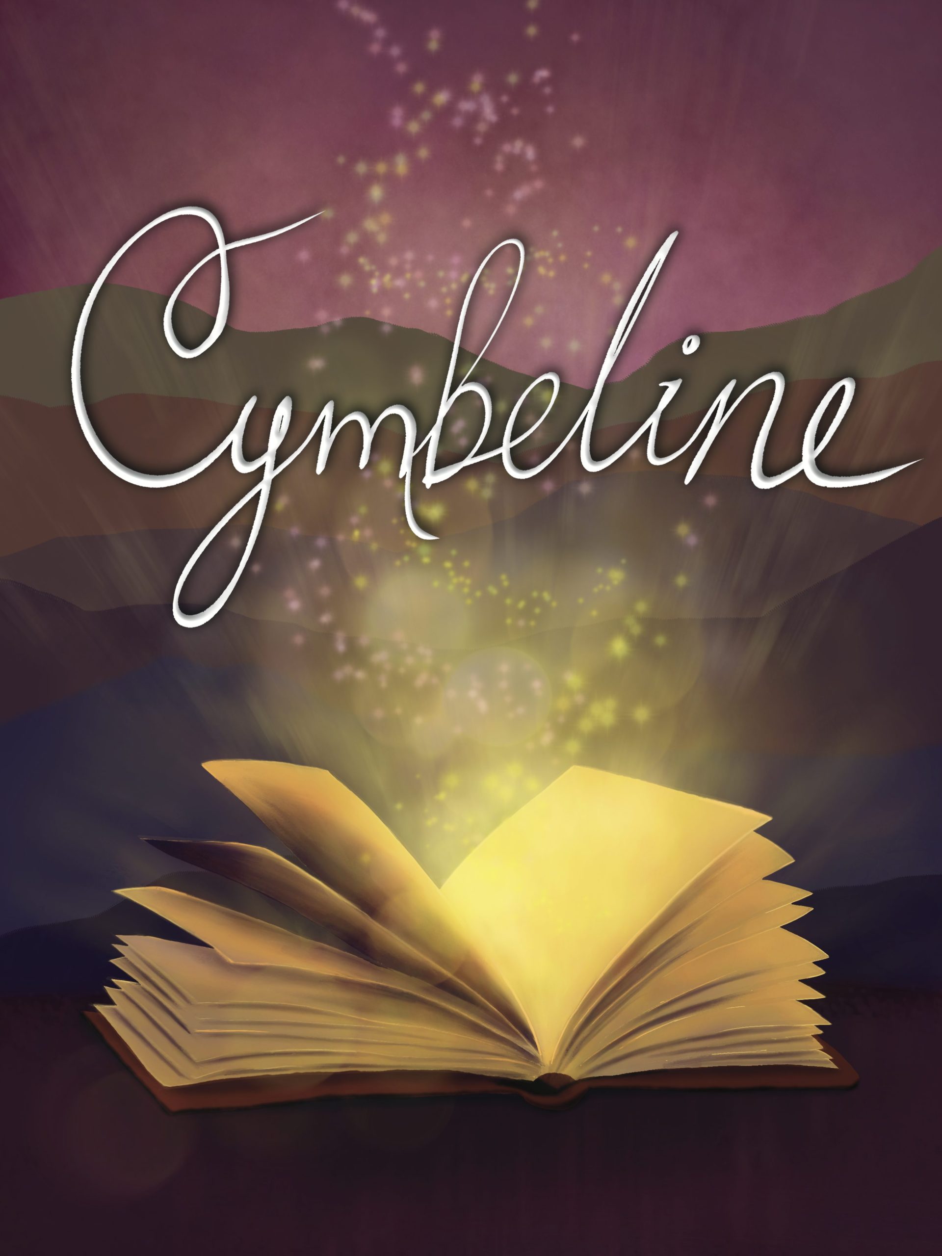 Poster for "Cymbeline": an open book bursting with dancing light, and mountains fading into warm dawn in the background.