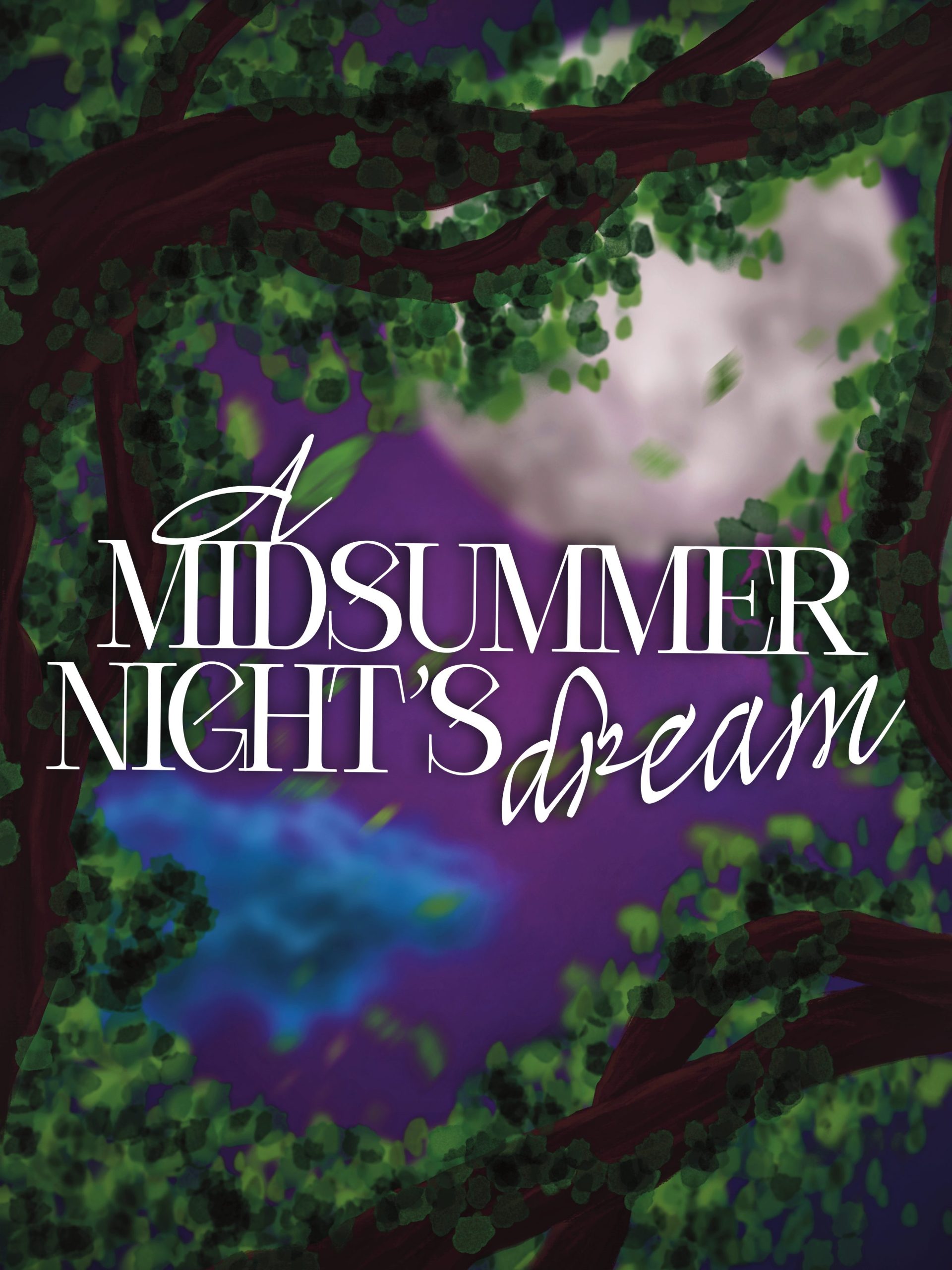 Poster image for "Midsummer": a magical night sky with soft clouds, a full moon behind forest branches, with leaves dancing in the wind.